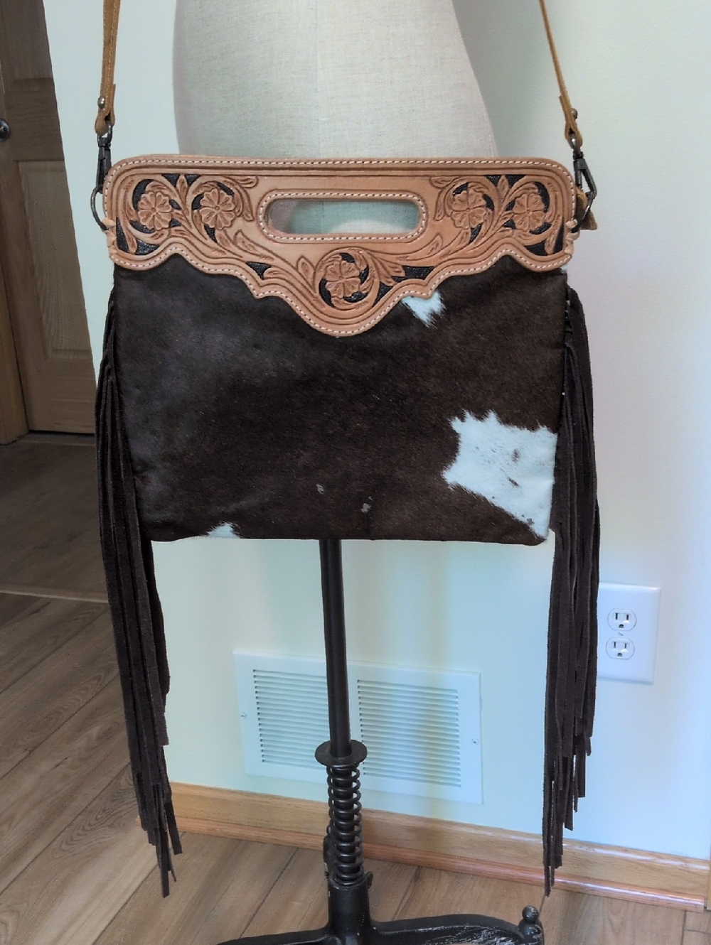 New American Darling Chisolm Fringe Cowhide Crossbody Bag Tooled Leather Trim
